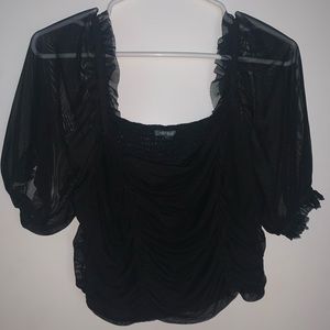 Black ruffled crop top with sheer blowout sleeves